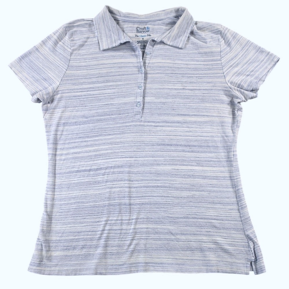 Striped Preppy Short Sleeve Polo Shirt Blue White Womens M Croft & Barrow
